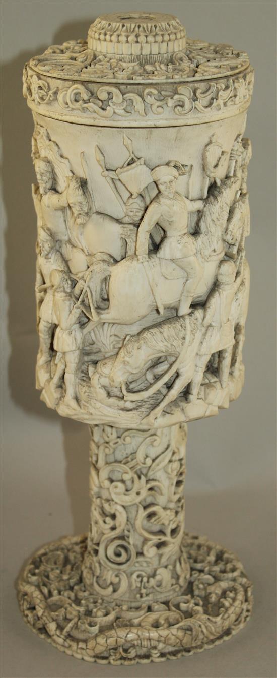 A large 19th century North European carved ivory vase and cover, probably German, 15in.